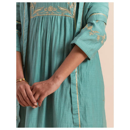 Priya Chaudhary Teal Blue Embroidered Kurta with Pant and Dupatta (Set of 3)
