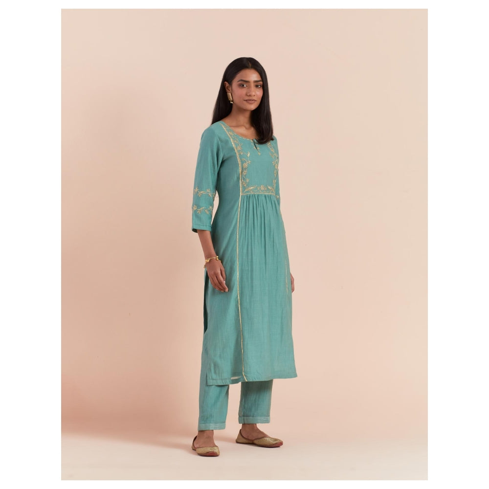 Priya Chaudhary Teal Blue Embroidered Kurta with Pant (Set of 2)