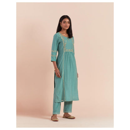 Priya Chaudhary Teal Blue Embroidered Kurta with Pant (Set of 2)