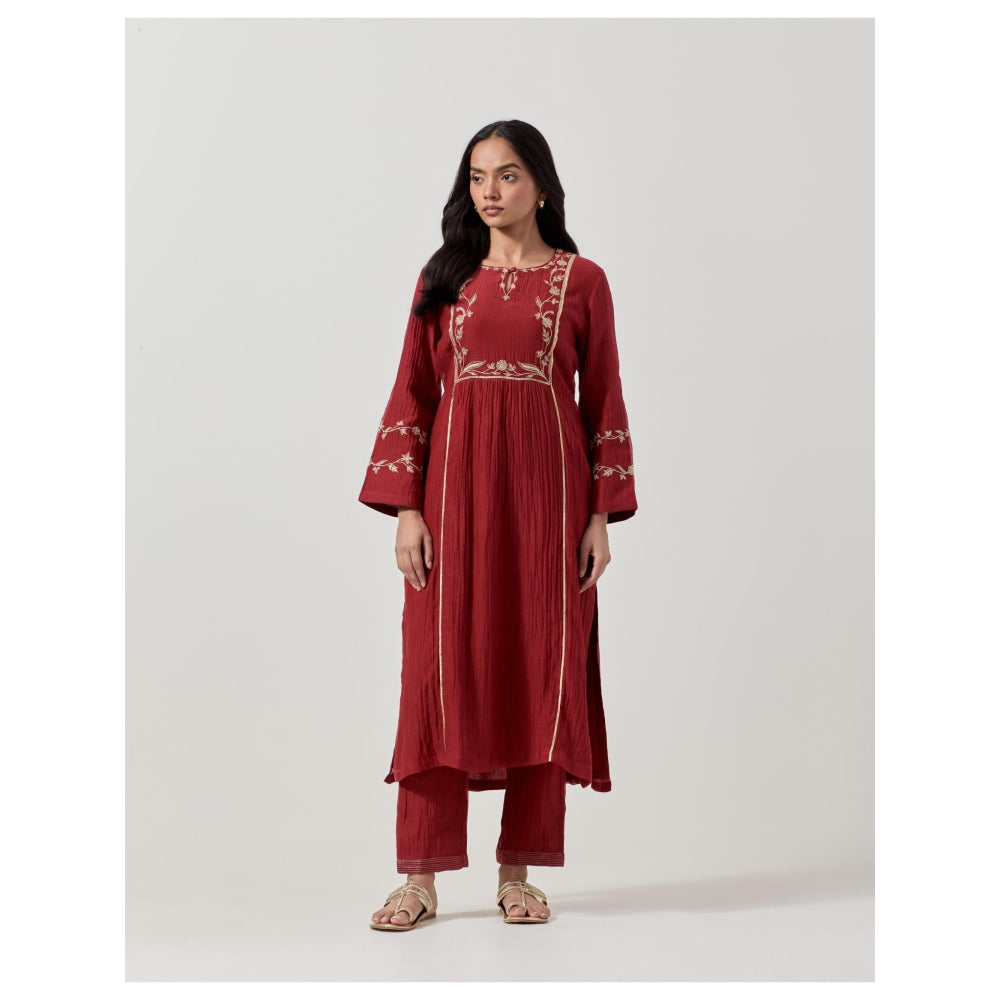 Priya Chaudhary Maroon Embroidered Kurta with Pant (Set of 2)