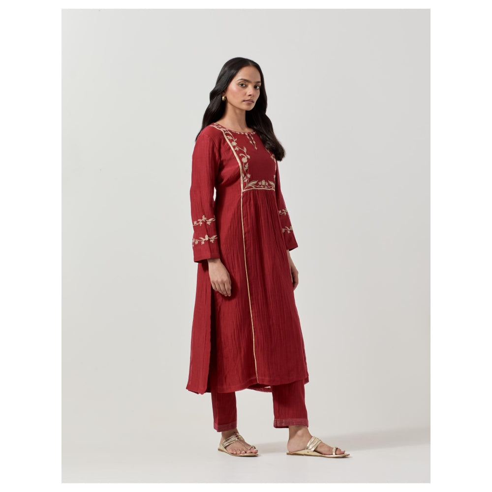 Priya Chaudhary Maroon Embroidered Kurta with Pant (Set of 2)