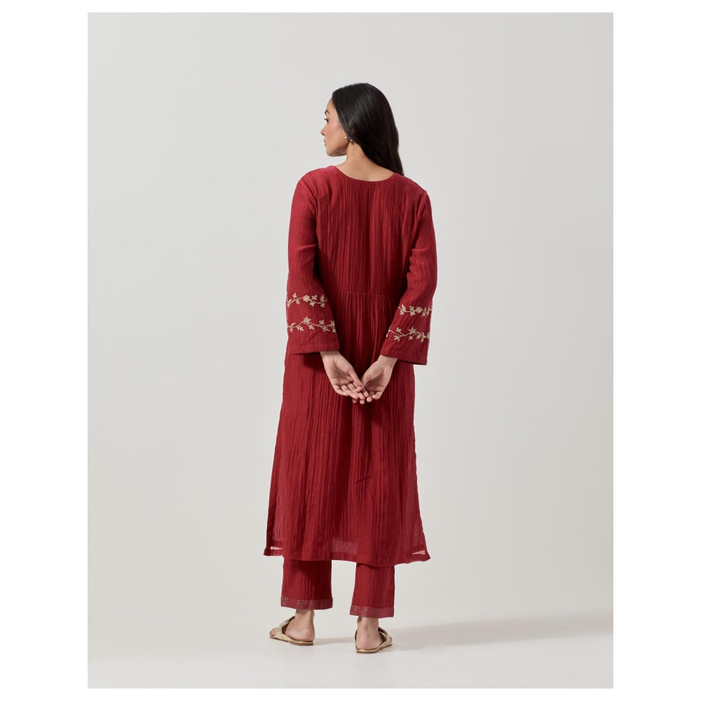 Priya Chaudhary Maroon Embroidered Kurta with Pant (Set of 2)