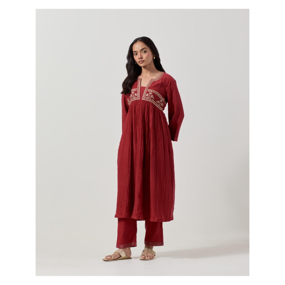 Priya Chaudhary Maroon Embroidered Anarkali Kurta with Pant (Set of 2)