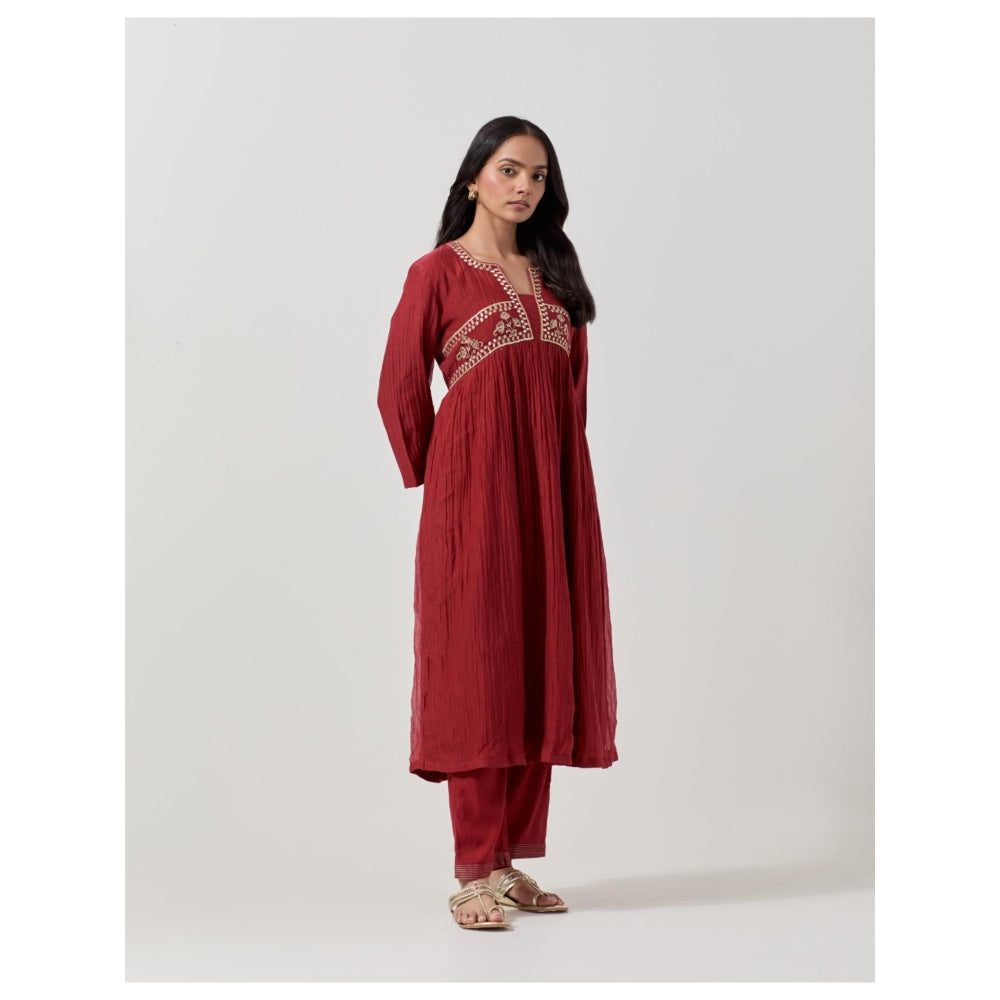 Priya Chaudhary Maroon Embroidered Anarkali Kurta with Pant (Set of 2)