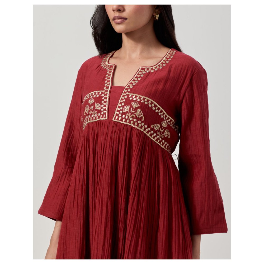 Priya Chaudhary Maroon Embroidered Anarkali Kurta with Pant (Set of 2)