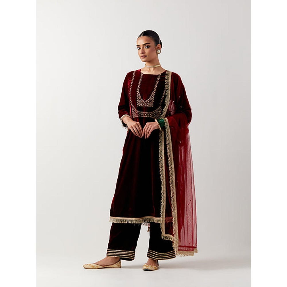 Priya Chaudhary Red Silk Velvet Kurta With Pant