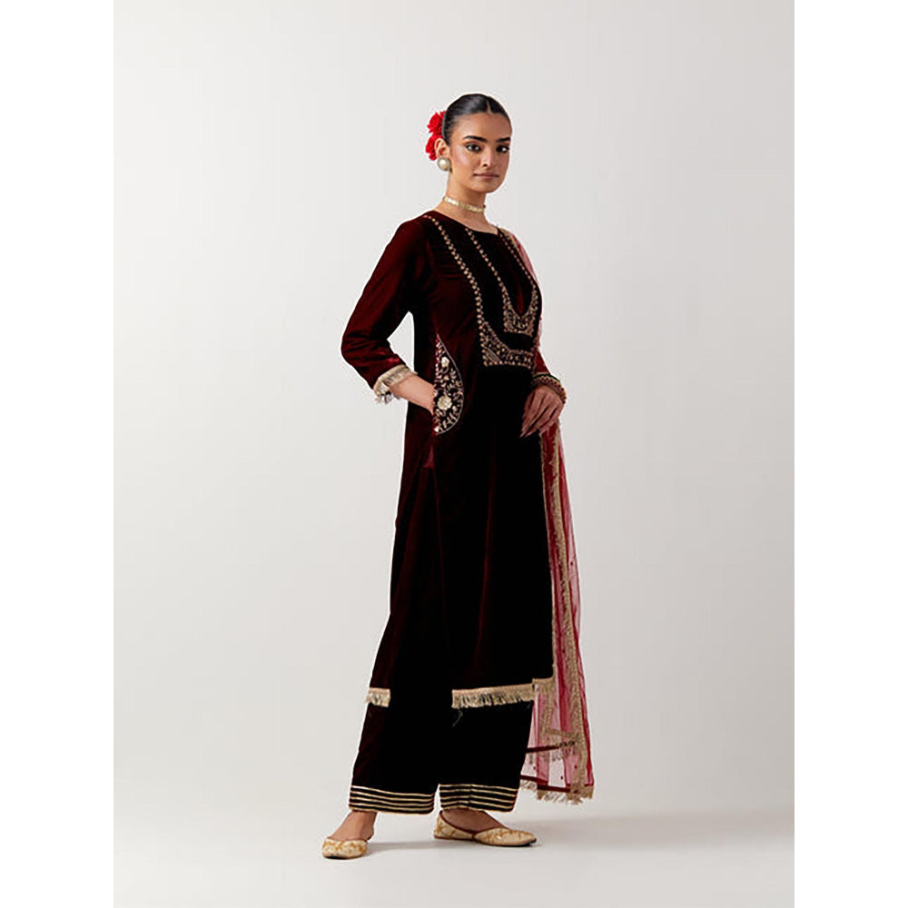 Priya Chaudhary Red Silk Velvet Kurta With Pant