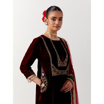 Priya Chaudhary Red Silk Velvet Kurta With Pant