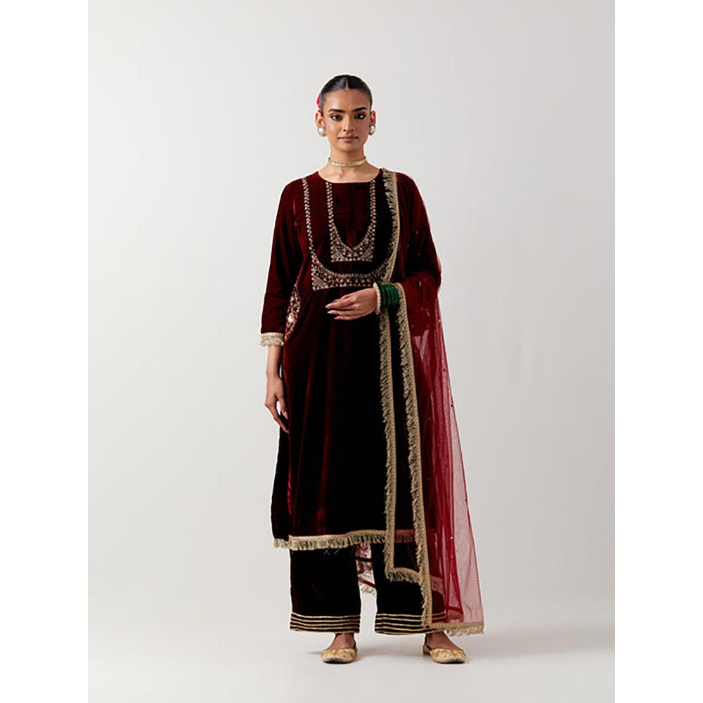 Priya Chaudhary Red Silk Velvet Kurta With Pant And Net Dupatta