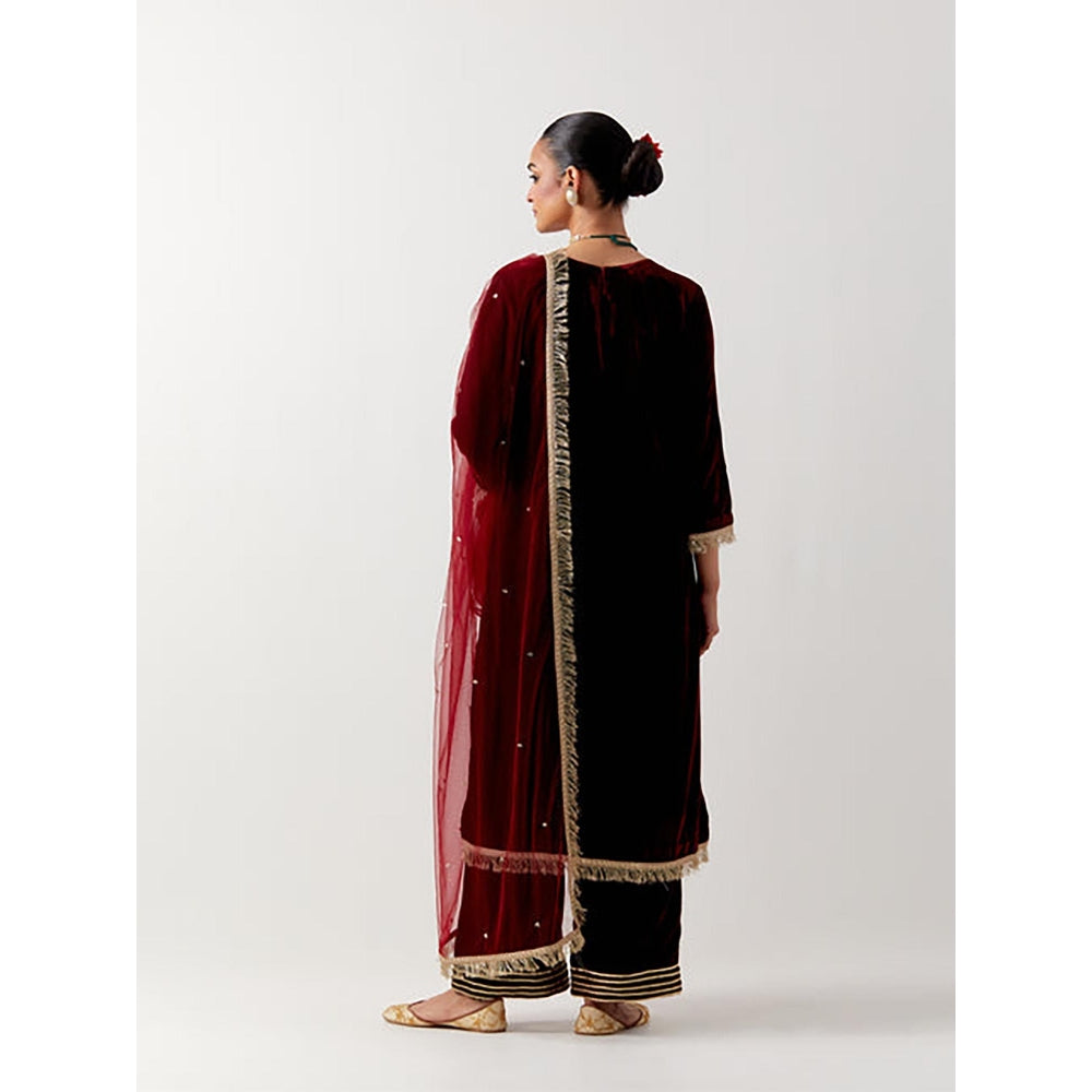 Priya Chaudhary Red Silk Velvet Kurta With Pant And Net Dupatta