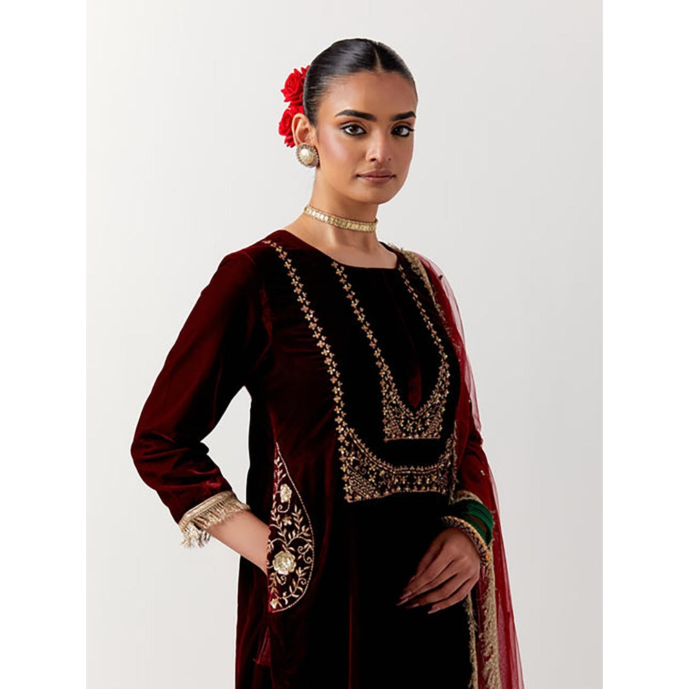 Priya Chaudhary Red Silk Velvet Kurta With Pant And Net Dupatta