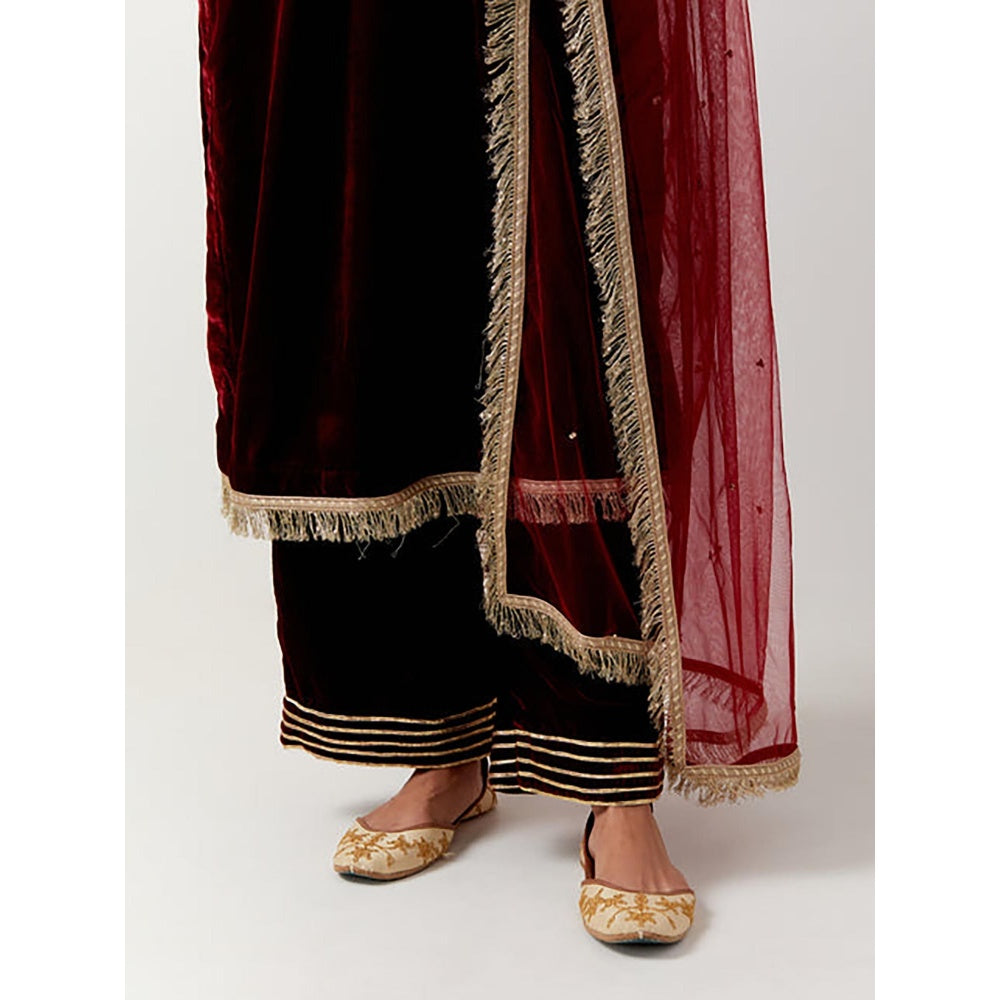 Priya Chaudhary Red Silk Velvet Kurta With Pant And Net Dupatta