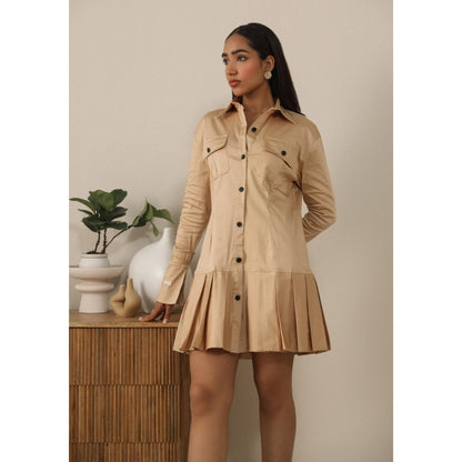 PRIMAL GRAY Beige Organic Cotton Solid Mini Shirt Dress