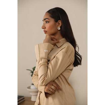 PRIMAL GRAY Beige Organic Cotton Solid Mini Shirt Dress