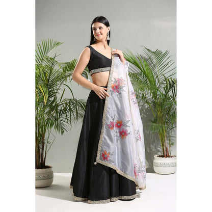 PRITI SAHNI DESIGNS Black Raw Silk Lehenga with Blouse and Dupatta (Set of 3)