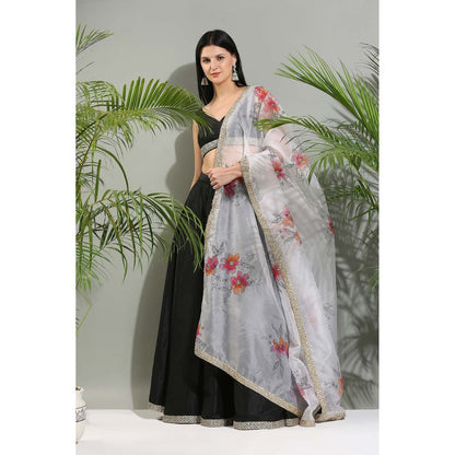 PRITI SAHNI DESIGNS Black Raw Silk Lehenga with Blouse and Dupatta (Set of 3)