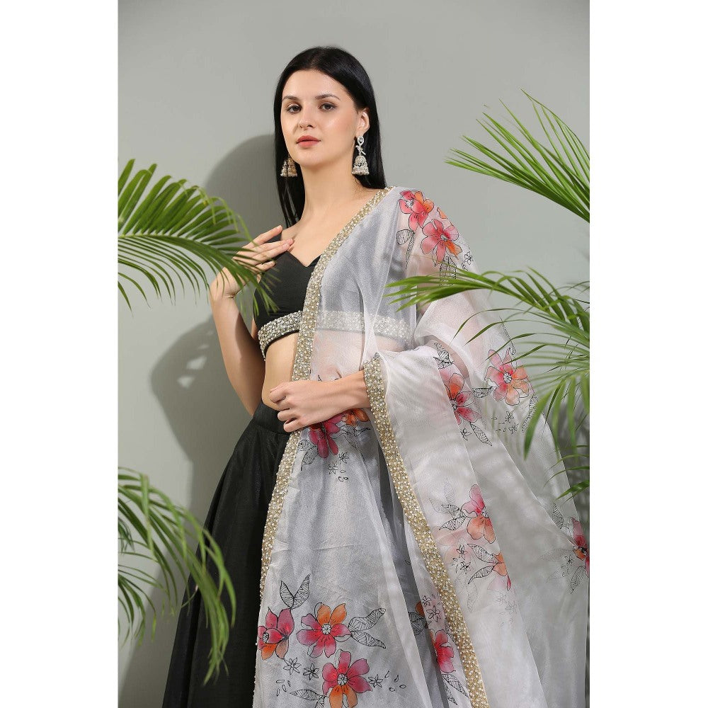 PRITI SAHNI DESIGNS Black Raw Silk Lehenga with Blouse and Dupatta (Set of 3)