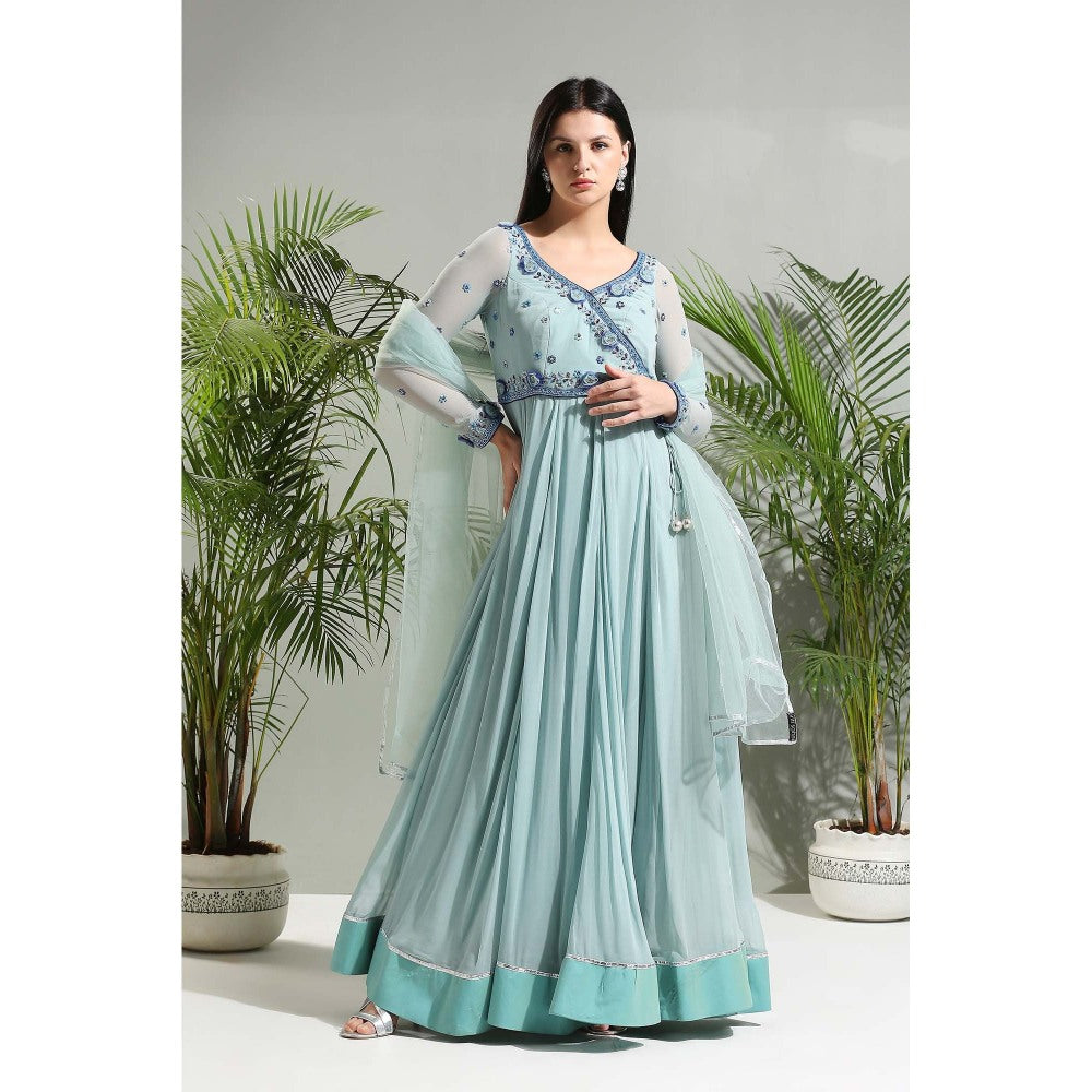 PRITI SAHNI DESIGNS Dusty Blue Anarkali with Churidar and Dupatta (Set of 3)