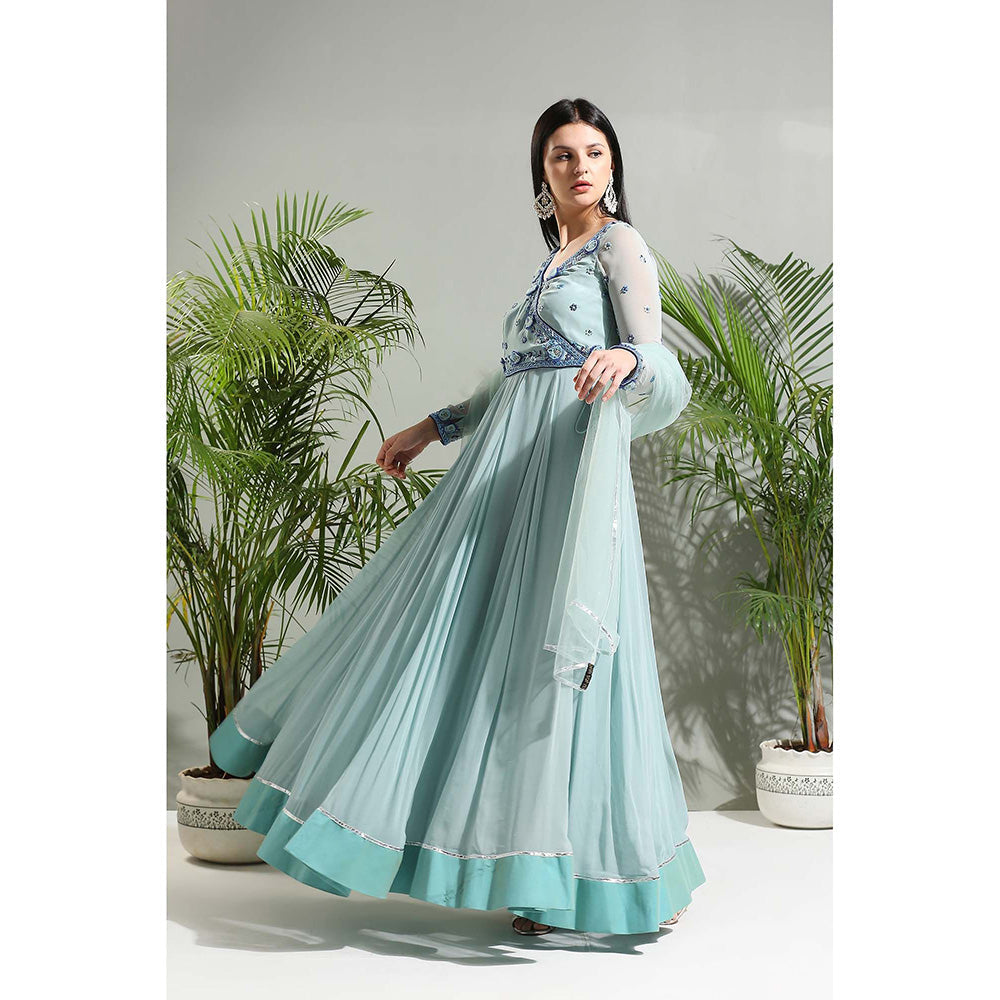 PRITI SAHNI DESIGNS Dusty Blue Anarkali with Churidar and Dupatta (Set of 3)