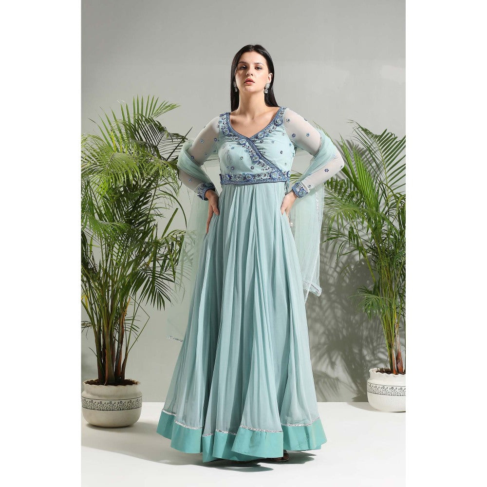 PRITI SAHNI DESIGNS Dusty Blue Anarkali with Churidar and Dupatta (Set of 3)