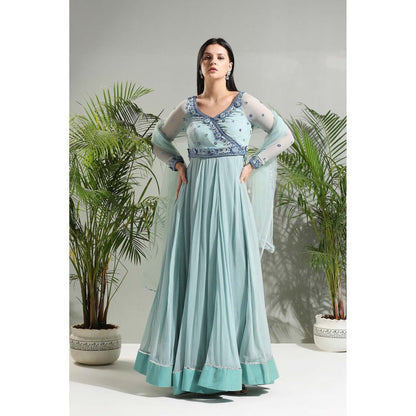 PRITI SAHNI DESIGNS Dusty Blue Anarkali with Churidar and Dupatta (Set of 3)