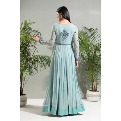 PRITI SAHNI DESIGNS Dusty Blue Anarkali with Churidar and Dupatta (Set of 3)