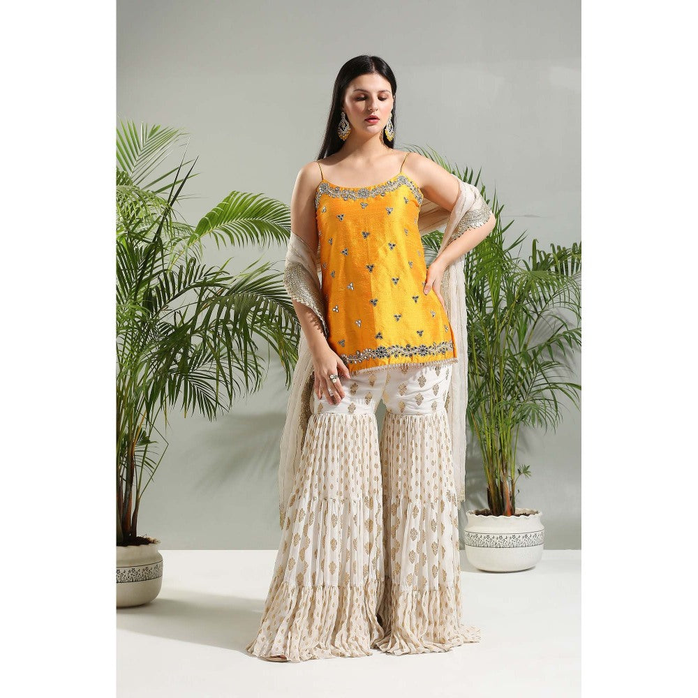 PRITI SAHNI DESIGNS Yellow Sharara with Kurti and Dupatta (Set of 3)
