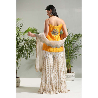 PRITI SAHNI DESIGNS Yellow Sharara with Kurti and Dupatta (Set of 3)