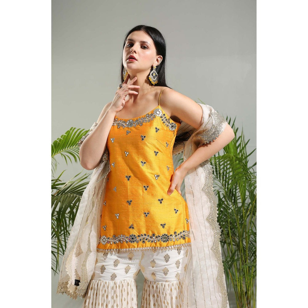 PRITI SAHNI DESIGNS Yellow Sharara with Kurti and Dupatta (Set of 3)