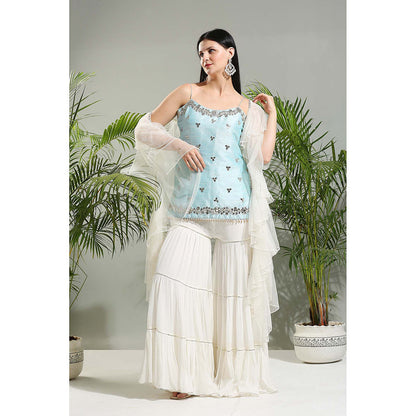 PRITI SAHNI DESIGNS Powder Blue Sharara with Kurti and Dupatta (Set of 3)