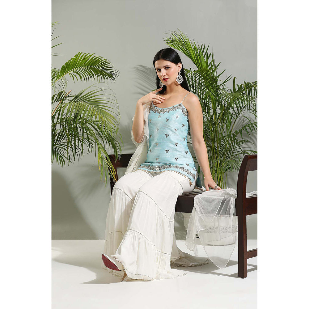 PRITI SAHNI DESIGNS Powder Blue Sharara with Kurti and Dupatta (Set of 3)