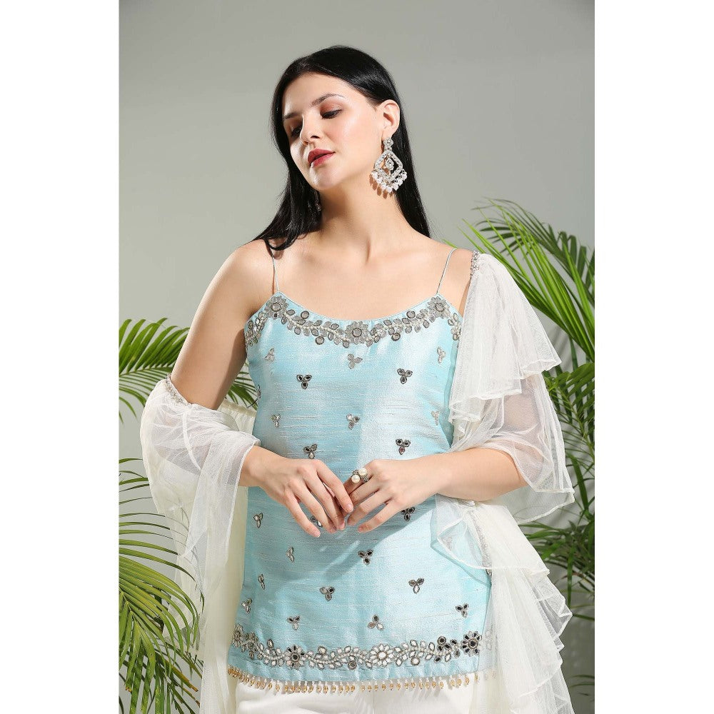PRITI SAHNI DESIGNS Powder Blue Sharara with Kurti and Dupatta (Set of 3)