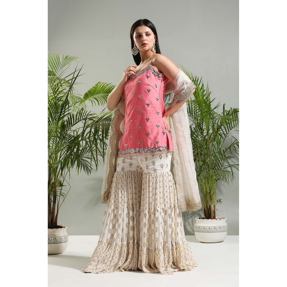 PRITI SAHNI DESIGNS Blush Pink Sharara with Kurti and Dupatta (Set of 3)