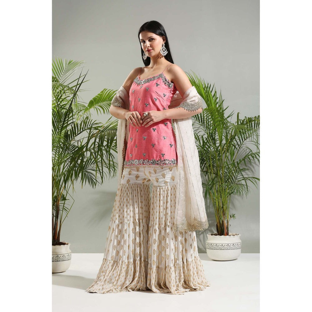 PRITI SAHNI DESIGNS Blush Pink Sharara with Kurti and Dupatta (Set of 3)