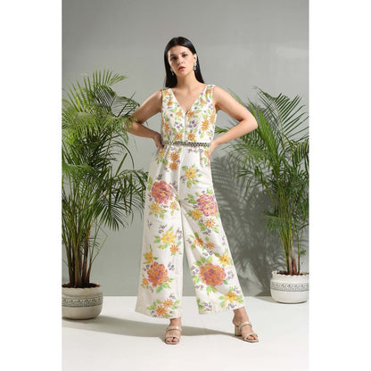 PRITI SAHNI DESIGNS Ivory Hand Painted Jumpsuit with Belt (Set of 2)