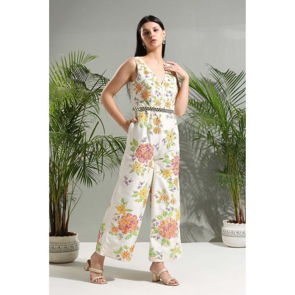 PRITI SAHNI DESIGNS Ivory Hand Painted Jumpsuit with Belt (Set of 2)