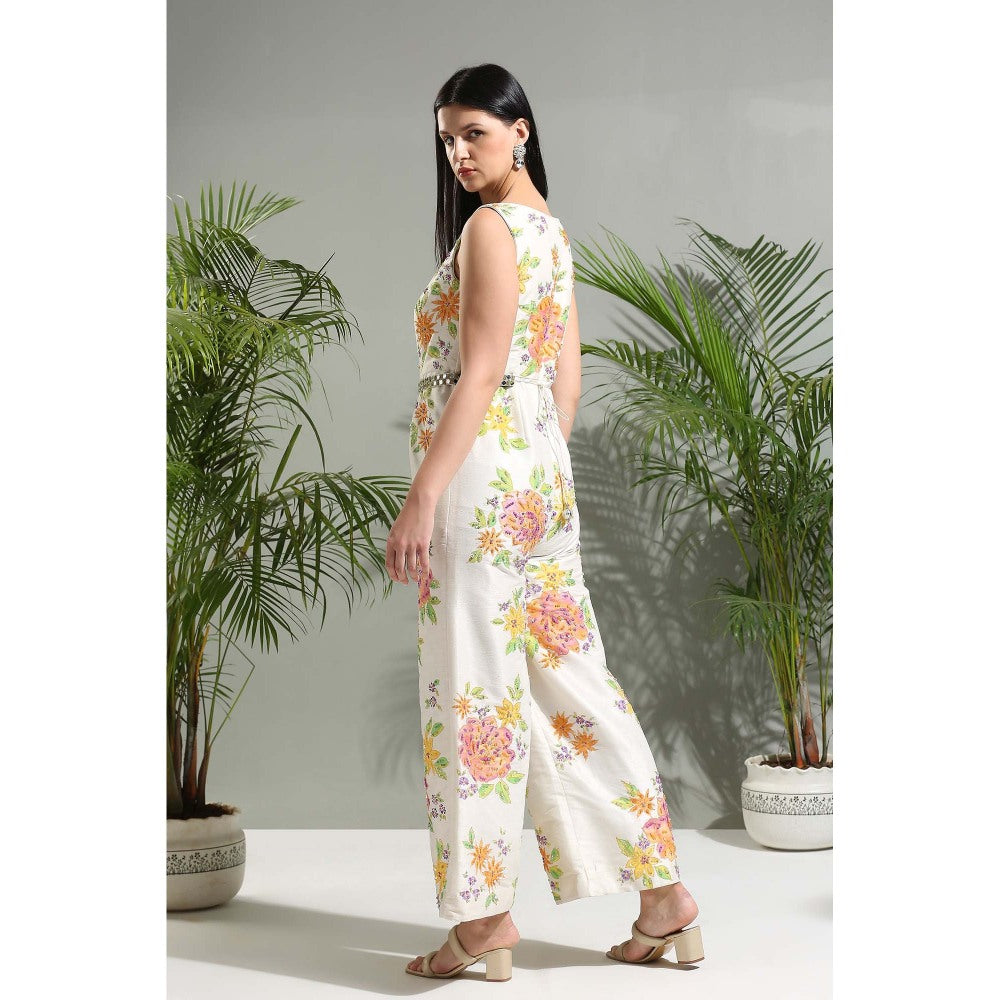 PRITI SAHNI DESIGNS Ivory Hand Painted Jumpsuit with Belt (Set of 2)