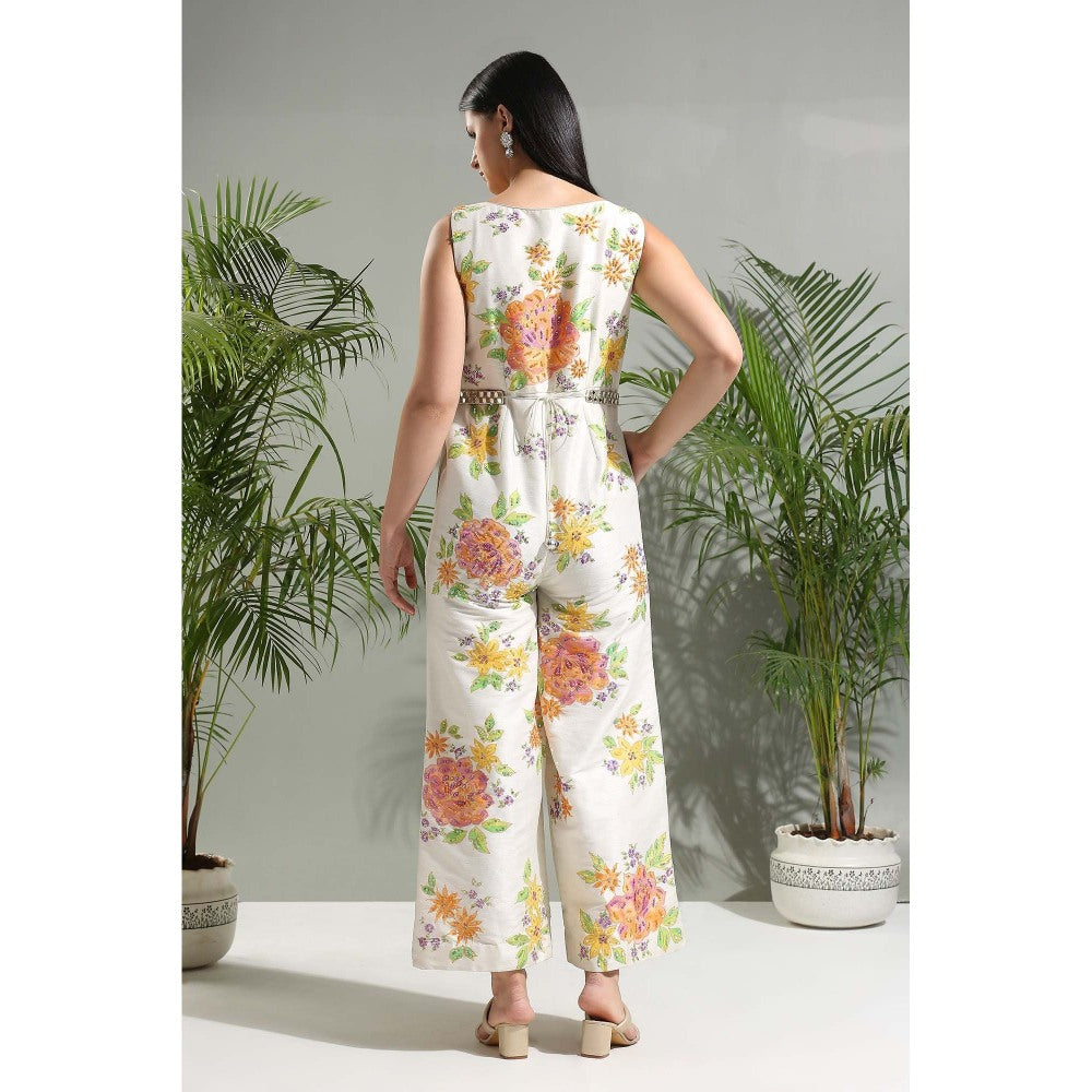 PRITI SAHNI DESIGNS Ivory Hand Painted Jumpsuit with Belt (Set of 2)