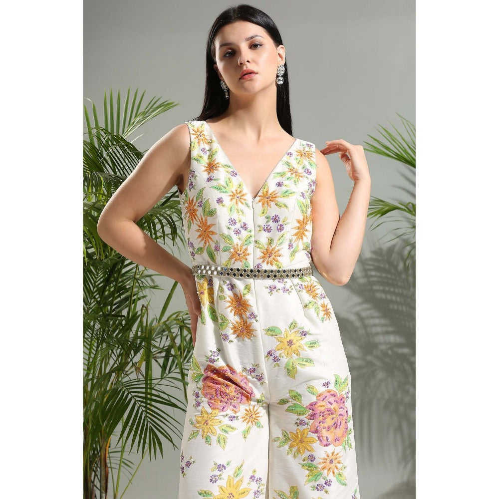 PRITI SAHNI DESIGNS Ivory Hand Painted Jumpsuit with Belt (Set of 2)