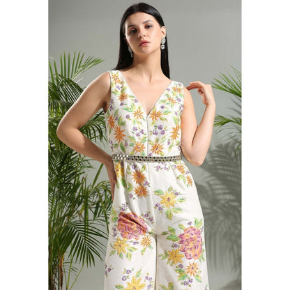 PRITI SAHNI DESIGNS Ivory Hand Painted Jumpsuit with Belt (Set of 2)