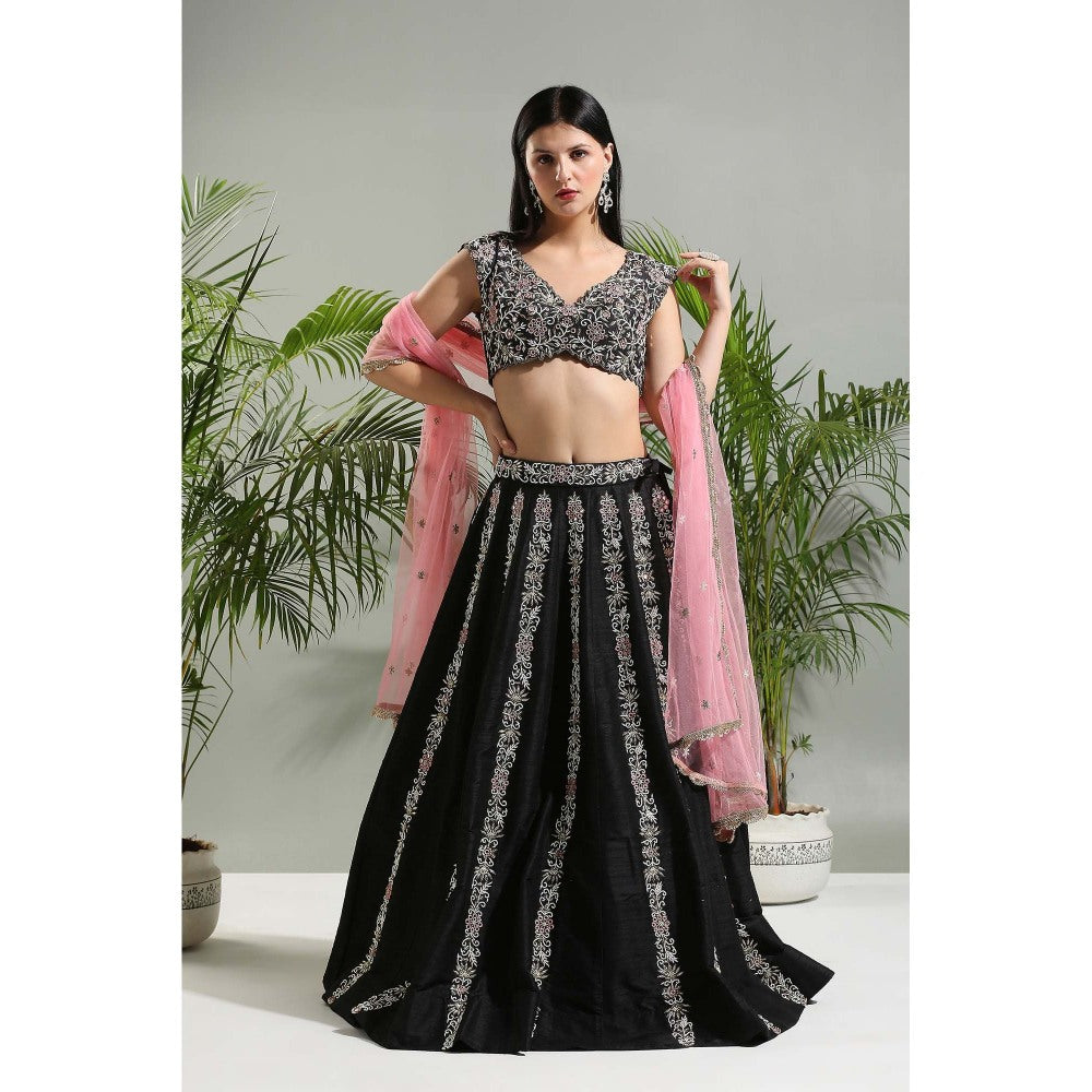 PRITI SAHNI DESIGNS Black Hand Embroidered Lehenga with Blouse and Dupatta (Set of 3)