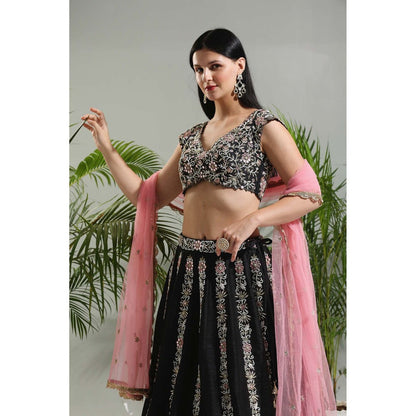 PRITI SAHNI DESIGNS Black Hand Embroidered Lehenga with Blouse and Dupatta (Set of 3)