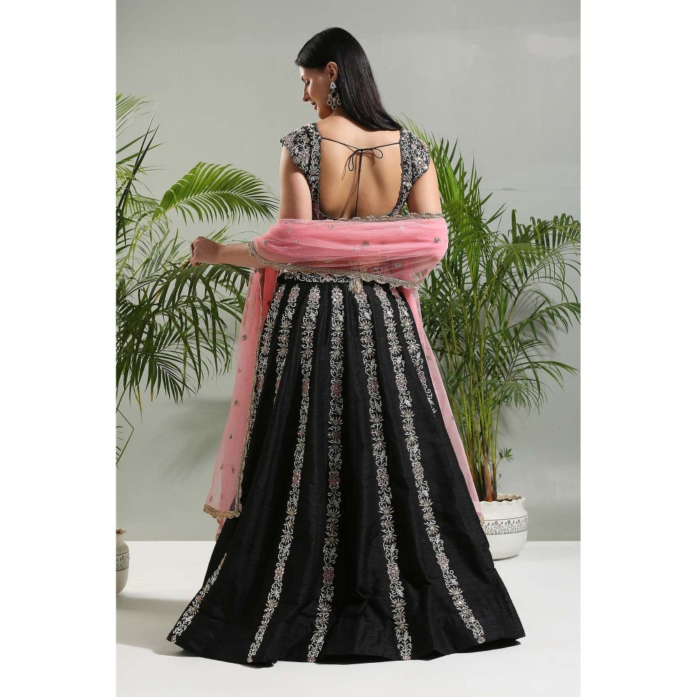 PRITI SAHNI DESIGNS Black Hand Embroidered Lehenga with Blouse and Dupatta (Set of 3)