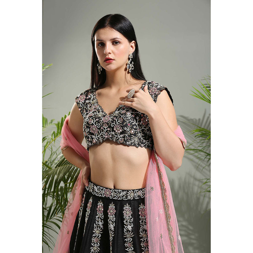 PRITI SAHNI DESIGNS Black Hand Embroidered Lehenga with Blouse and Dupatta (Set of 3)