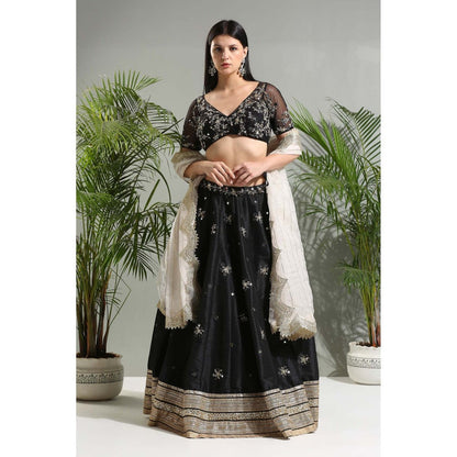 PRITI SAHNI DESIGNS Black Embroidered Lehenga with Blouse and Dupatta (Set of 3)