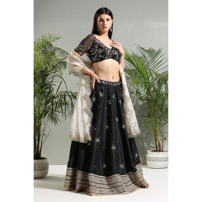 PRITI SAHNI DESIGNS Black Embroidered Lehenga with Blouse and Dupatta (Set of 3)