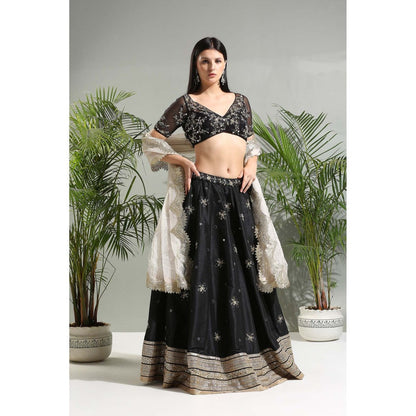 PRITI SAHNI DESIGNS Black Embroidered Lehenga with Blouse and Dupatta (Set of 3)