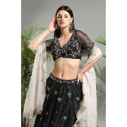 PRITI SAHNI DESIGNS Black Embroidered Lehenga with Blouse and Dupatta (Set of 3)