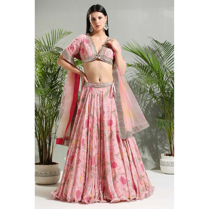 PRITI SAHNI DESIGNS Blush Pink Floral Lehenga with Blouse and Dupatta (Set of 3)