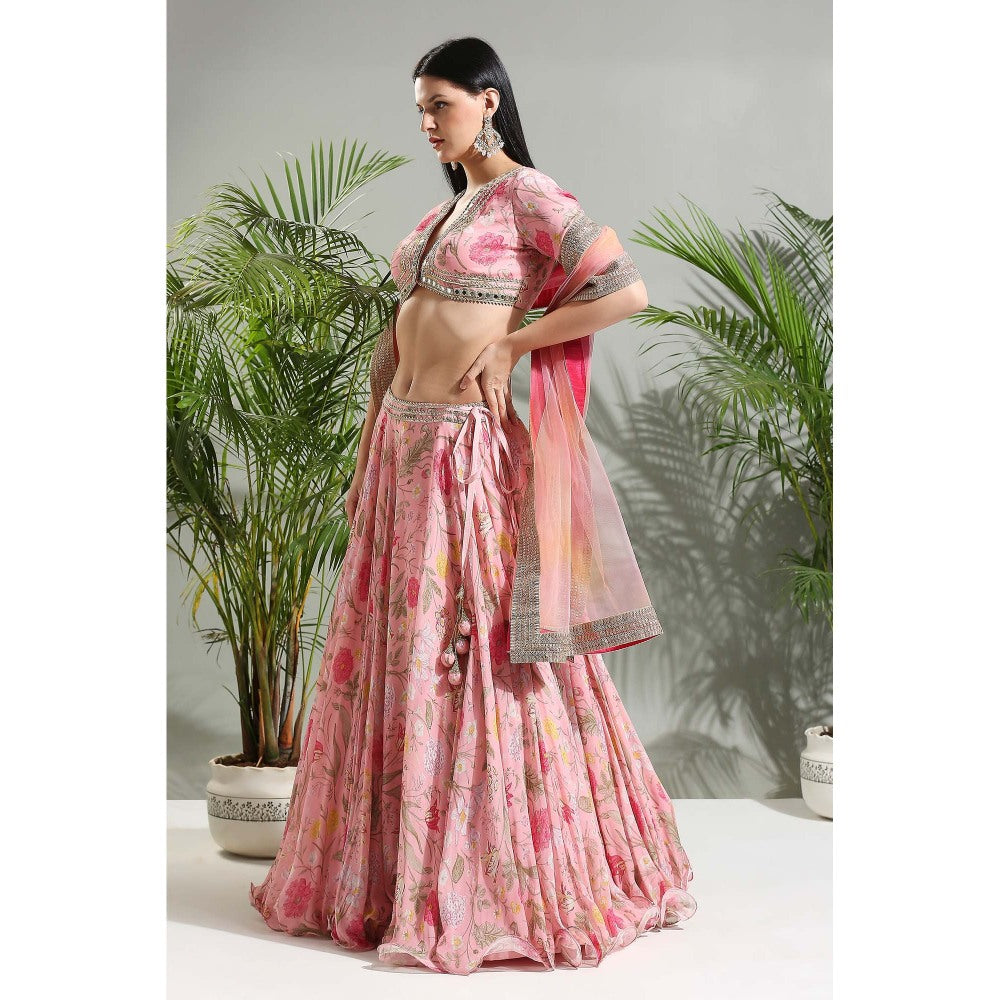 PRITI SAHNI DESIGNS Blush Pink Floral Lehenga with Blouse and Dupatta (Set of 3)